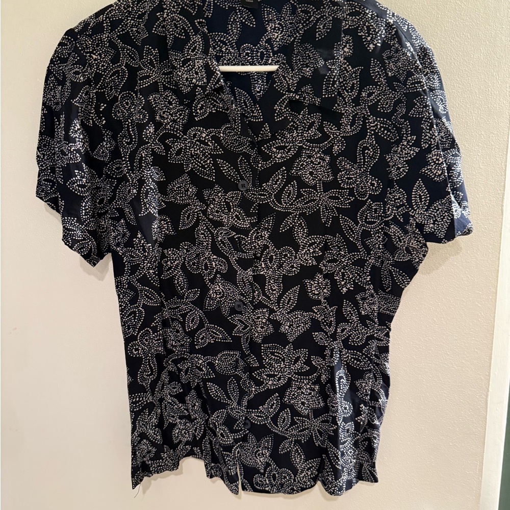 Halston Heritage Navy and White Button Down Silk Shirt